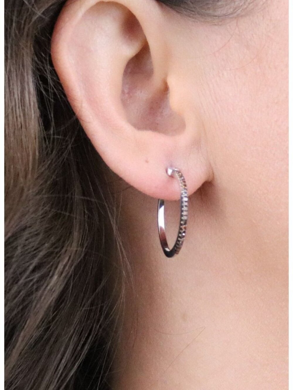 Sterling Silver Champagne Diamond 1/8th Carat Hoop Earrings 1" Hoops - Picture 3 of 7